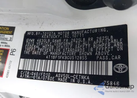 2012 Toyota Camry Le из США, поврежденный, VIN 4T1BF1FK9CU512855